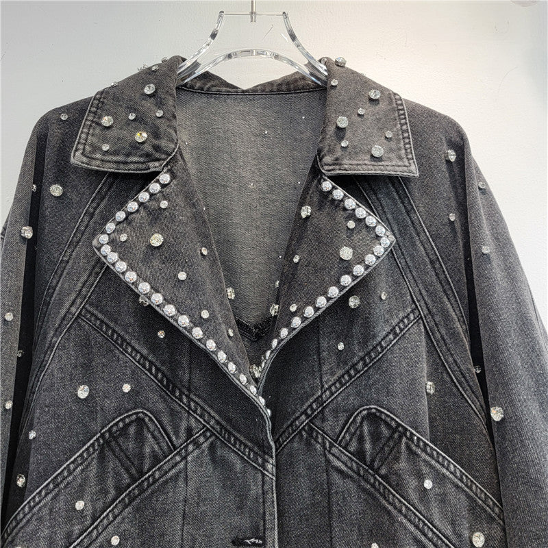 bead studded diamond retro motorcycle denim jacket women's jacket