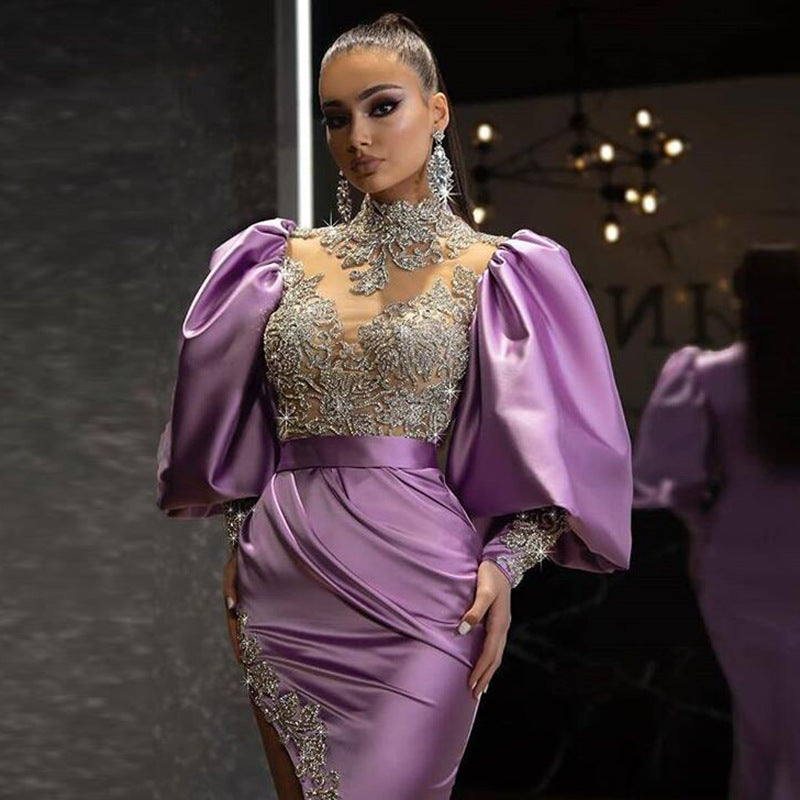 Elegant Gold-Sprinkled Evening Gown with Princess Sleeves, Fitted Bodycon,  Long Dress