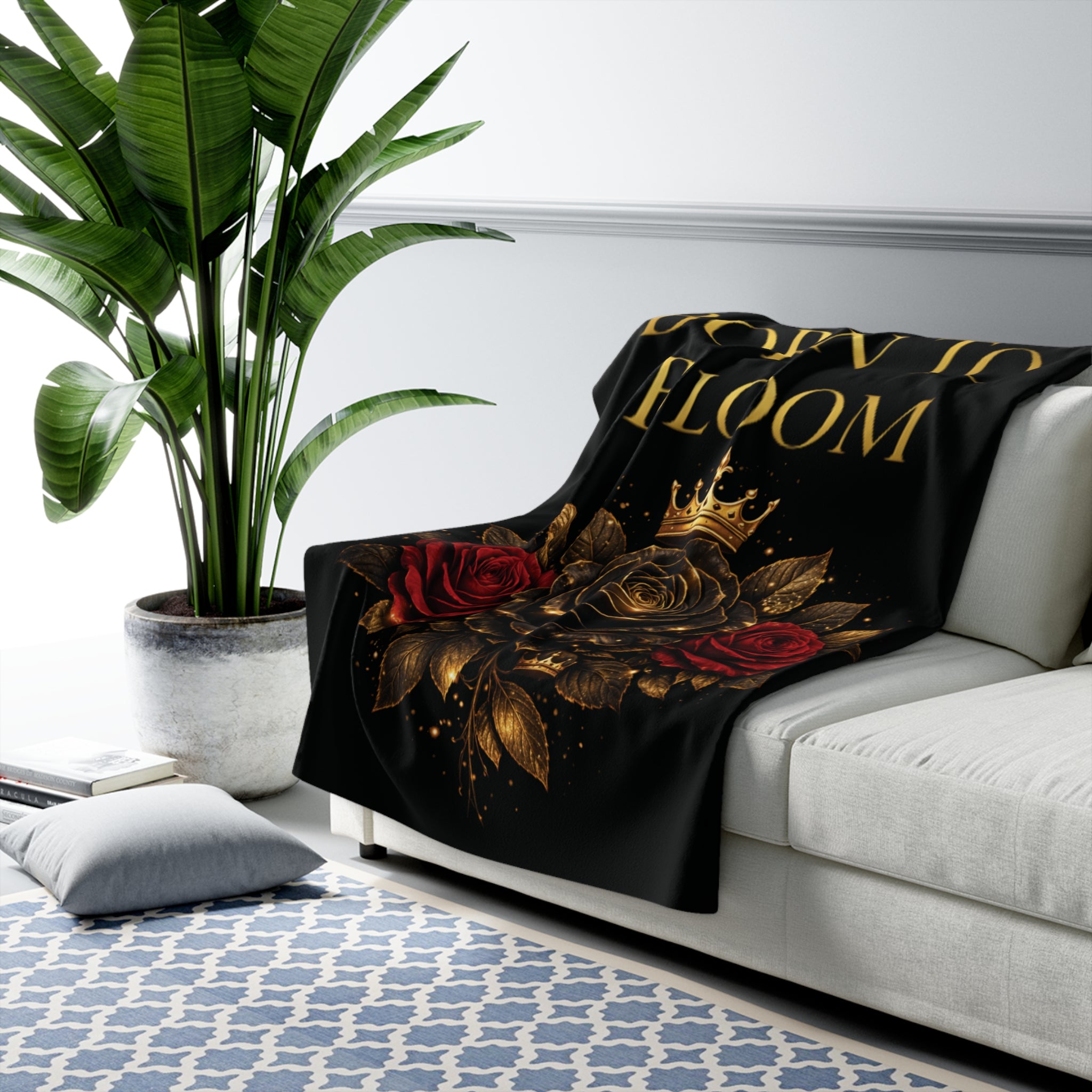 Born to Bloom Sherpa Blanket – Gold Crown Rose Floral Throw
