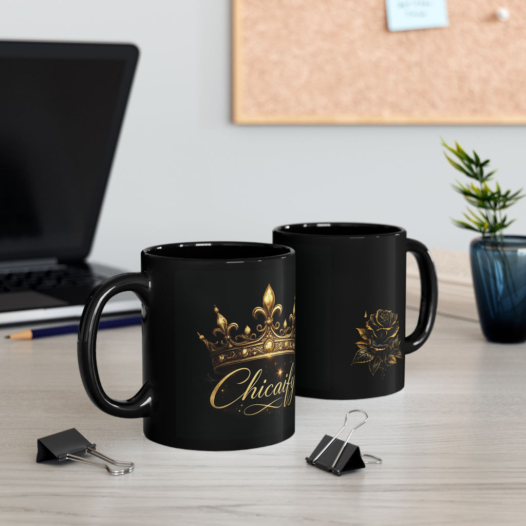 Chicafiy Gold Crown Black Mug — Elegant Coffee Cup for Queen Vibes