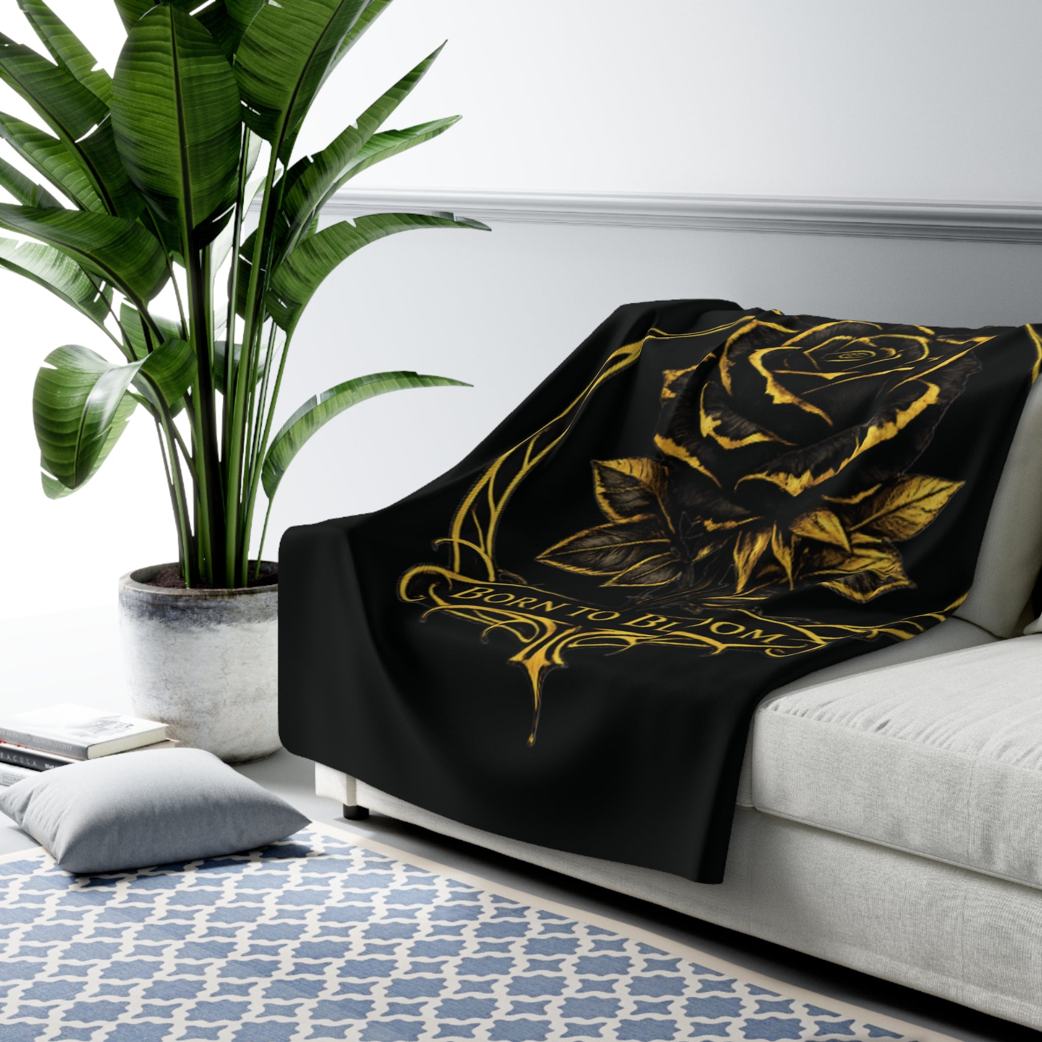 Born to Bloom Rose Crown Sherpa Fleece Blanket | Gold Floral Emblem