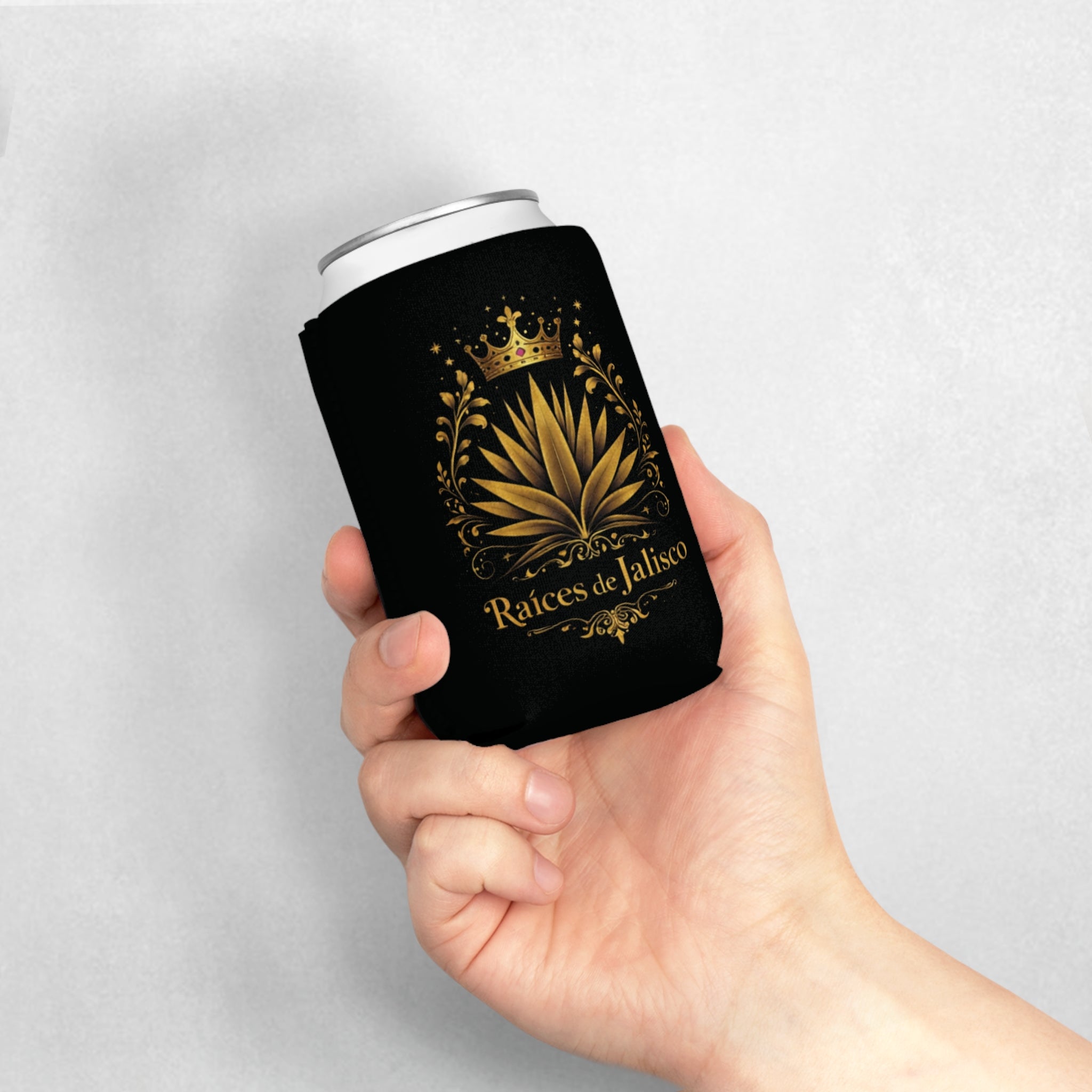 Can Cooler — Raíces de Jalisco Gold Agave Crown Design