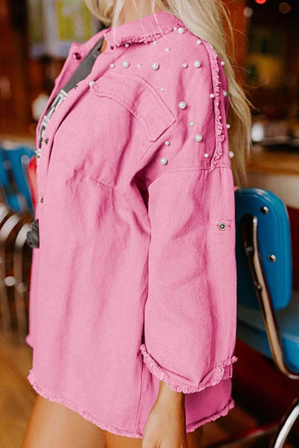 Raw Hem Pearl Trim Dropped Shoulder Denim Jacket for Women