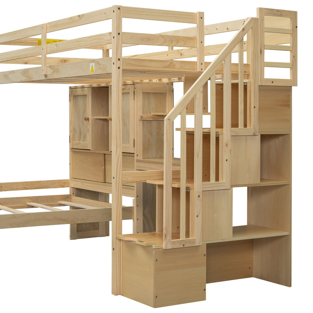 Twin Over Twin Loft Bed with Built-In Desk and Staircase - White or Light Brown