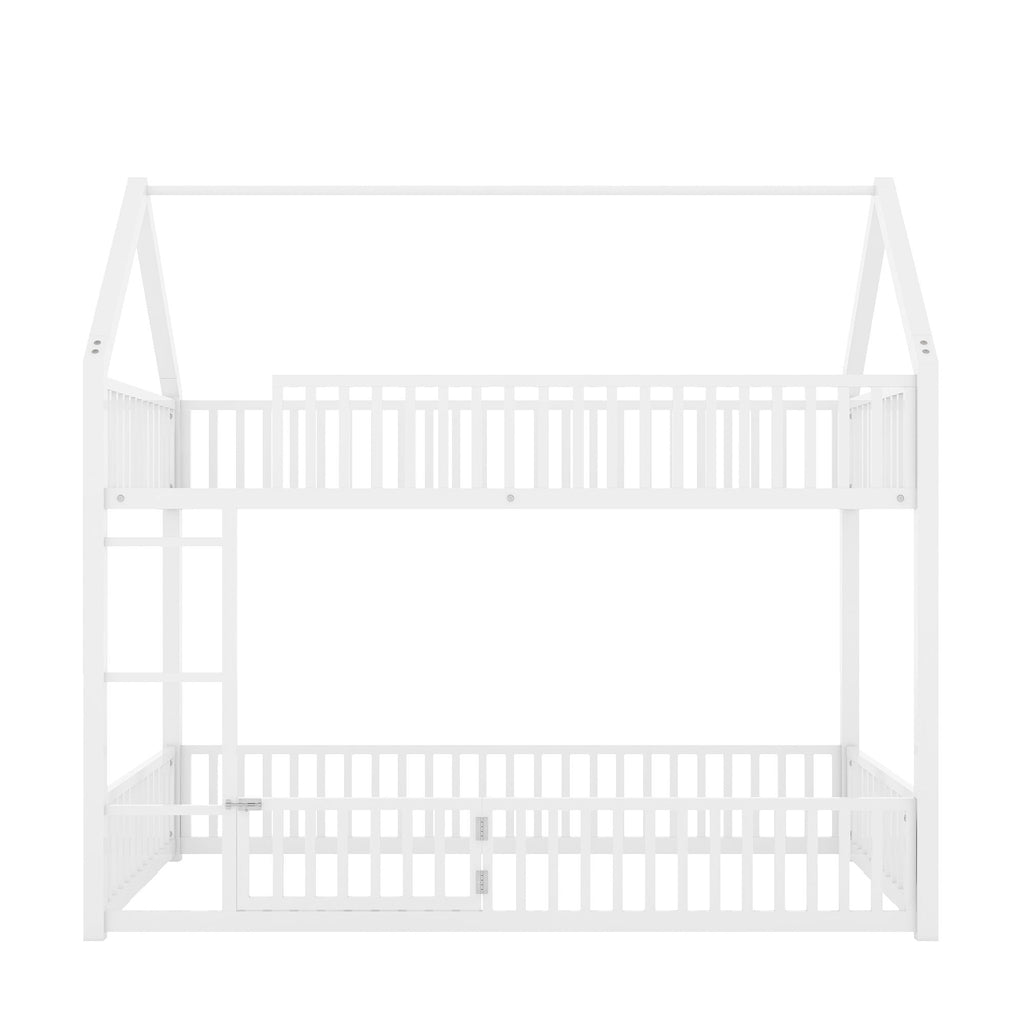 Metal House Bunk Bed with Fence and Door - Twin over Twin