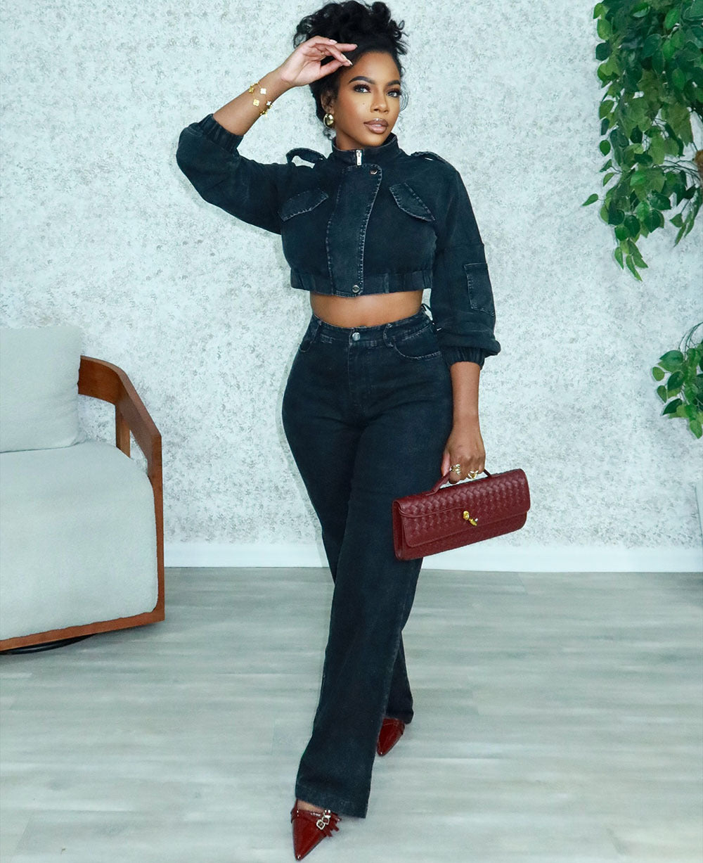 Black Cropped Denim Jacket & High-Waist Pants Set