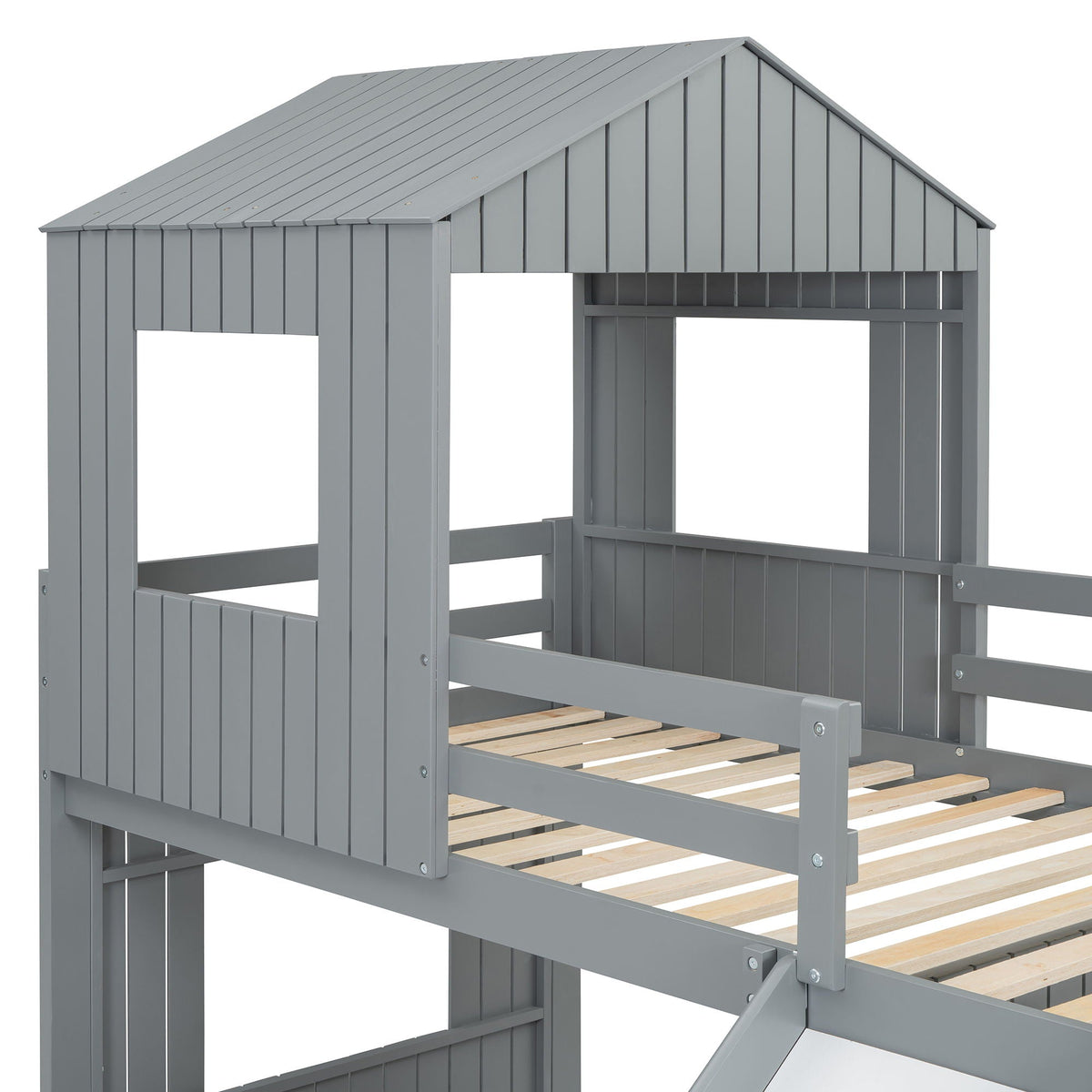 Loft Bunk Bed With Playhouse, Slide, and Guardrails - Twin Over Full