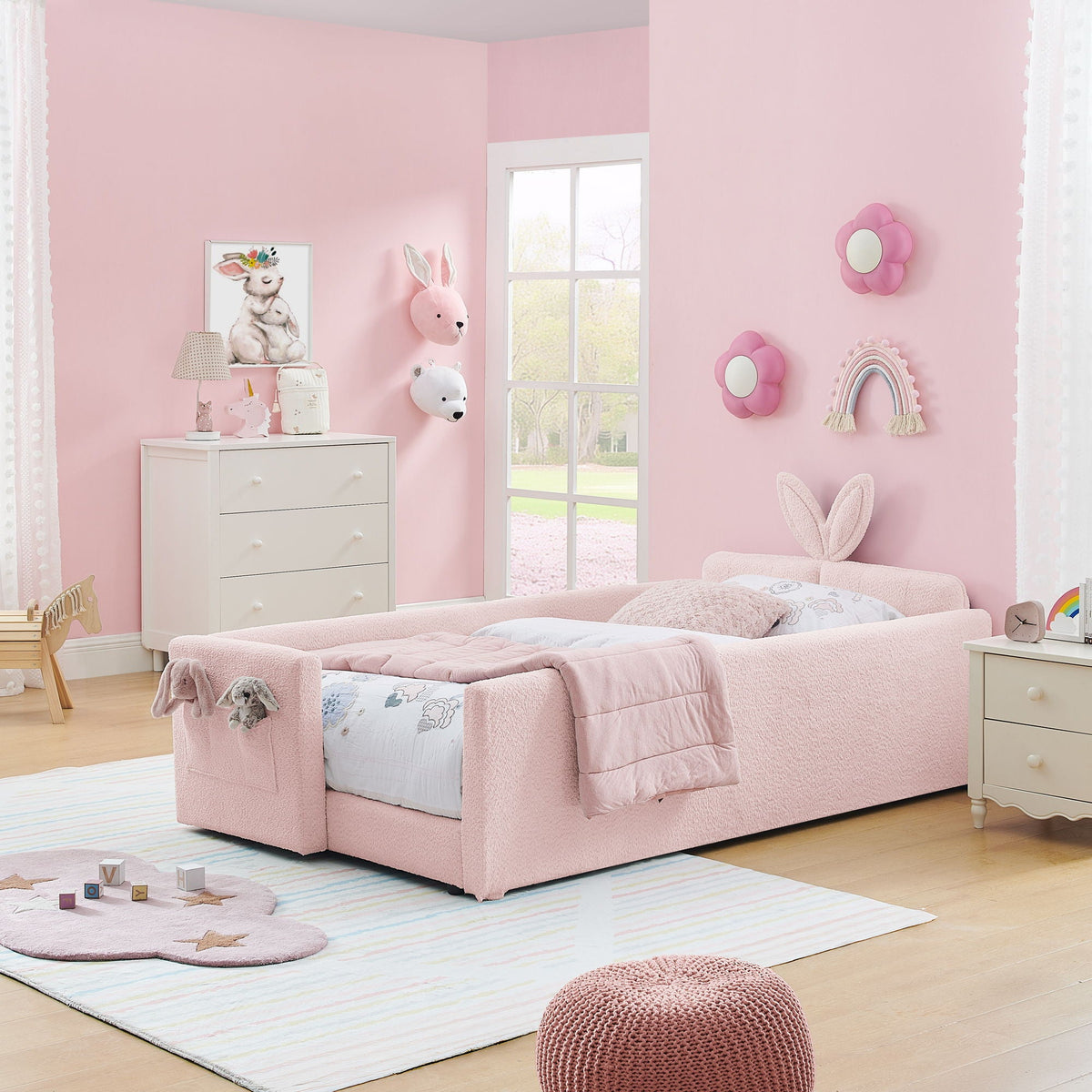 Cute Rabbit Ear Upholstered Platform Bed Frame with Safety Rail - Multiple Colors
