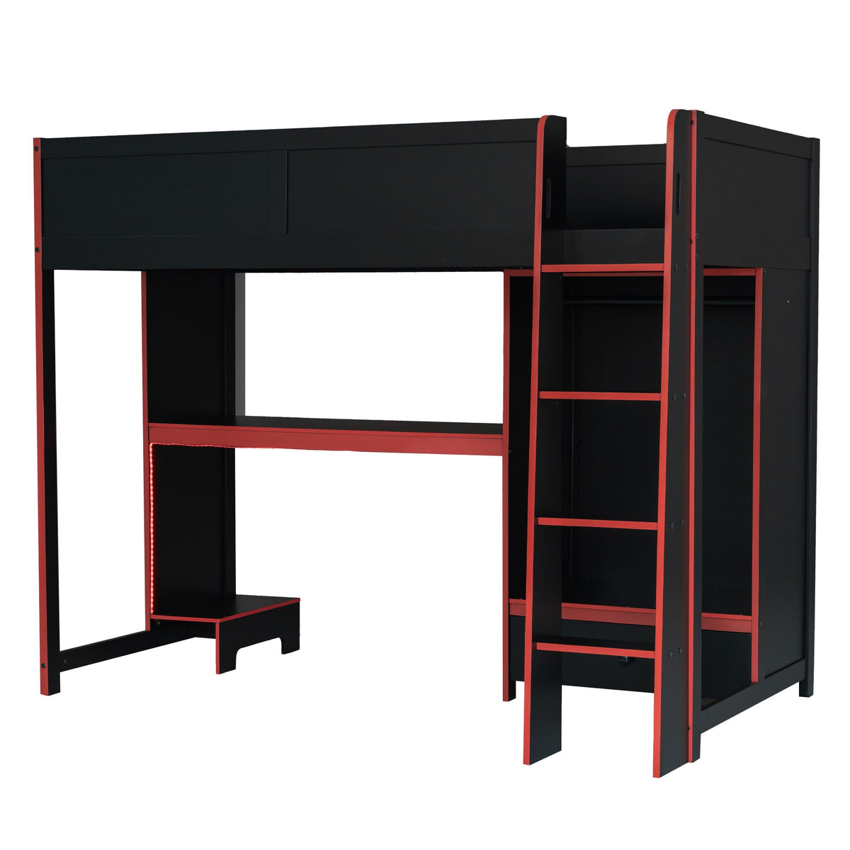 Gaming Loft Bed with Built-In Desk, Wardrobe & LED Lighting - Black