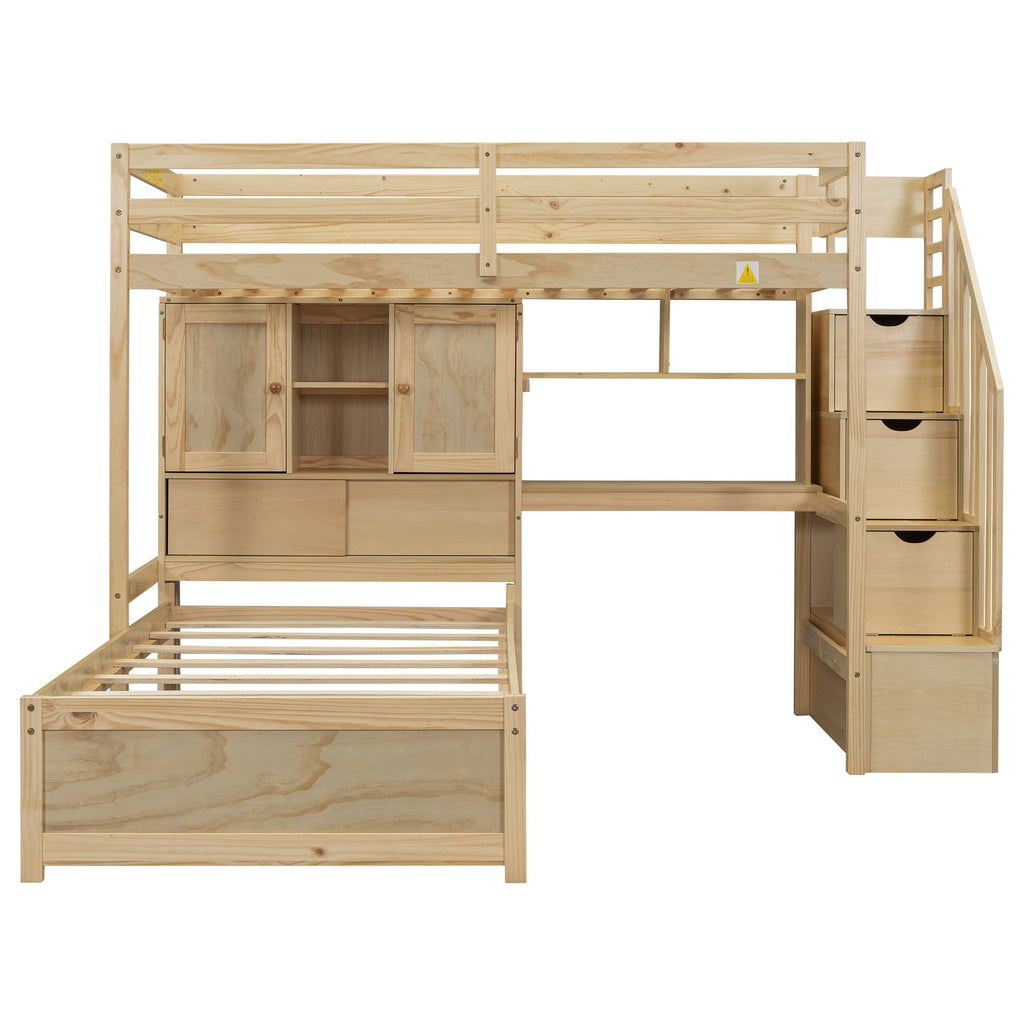 Twin Over Twin Loft Bed with Built-In Desk and Staircase - White or Light Brown