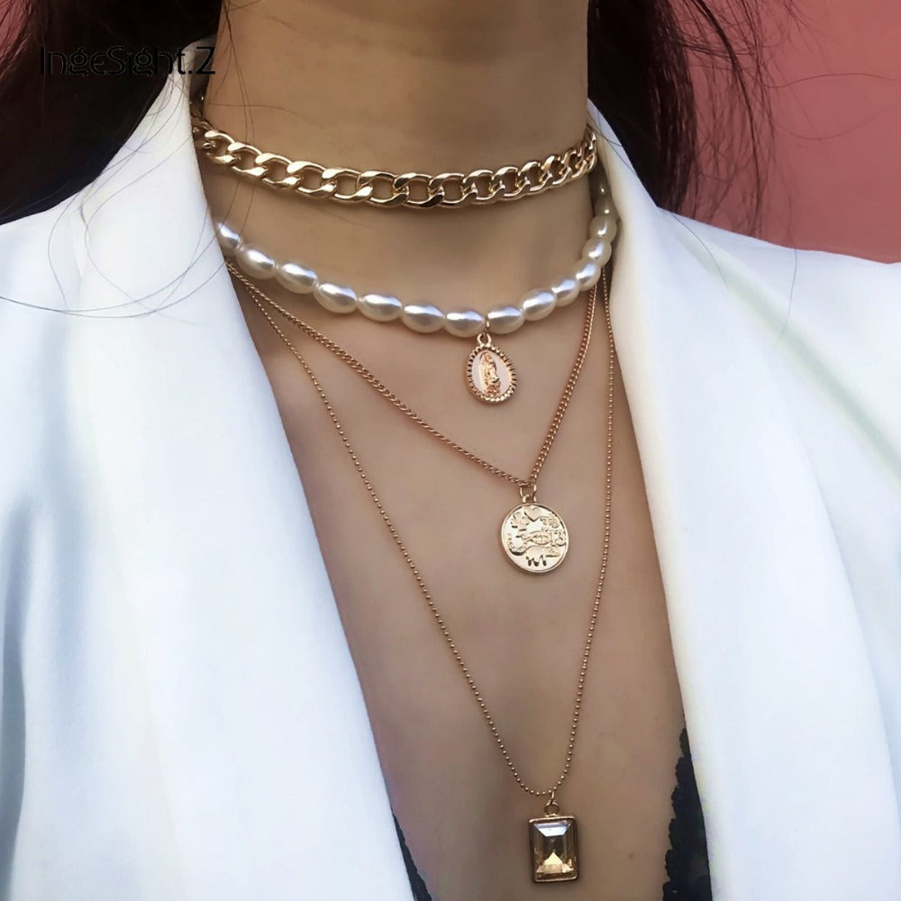 Layered Pearl & Crystal Coin Statement Choker