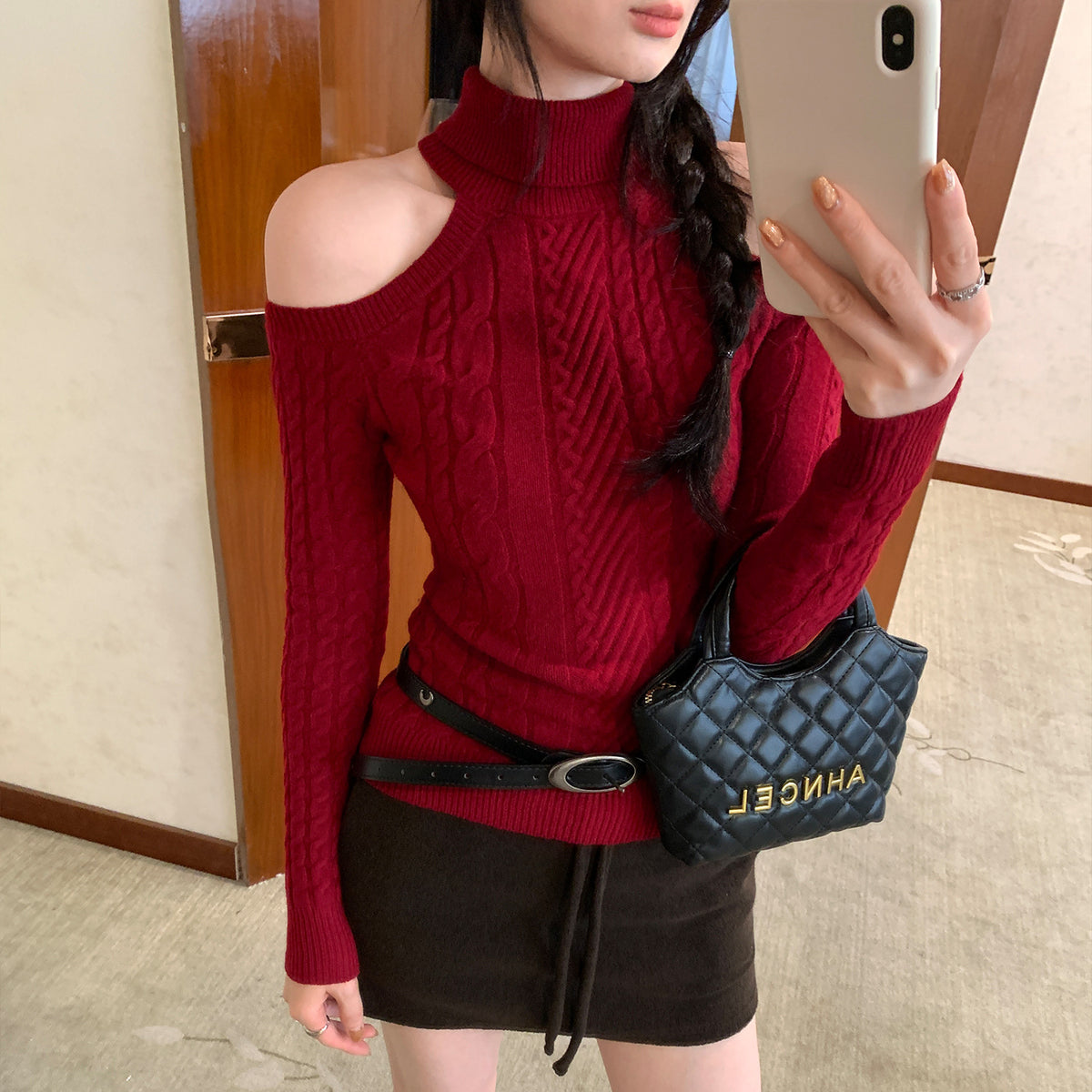 Sculpted Off-Shoulder High-Neck Sweater