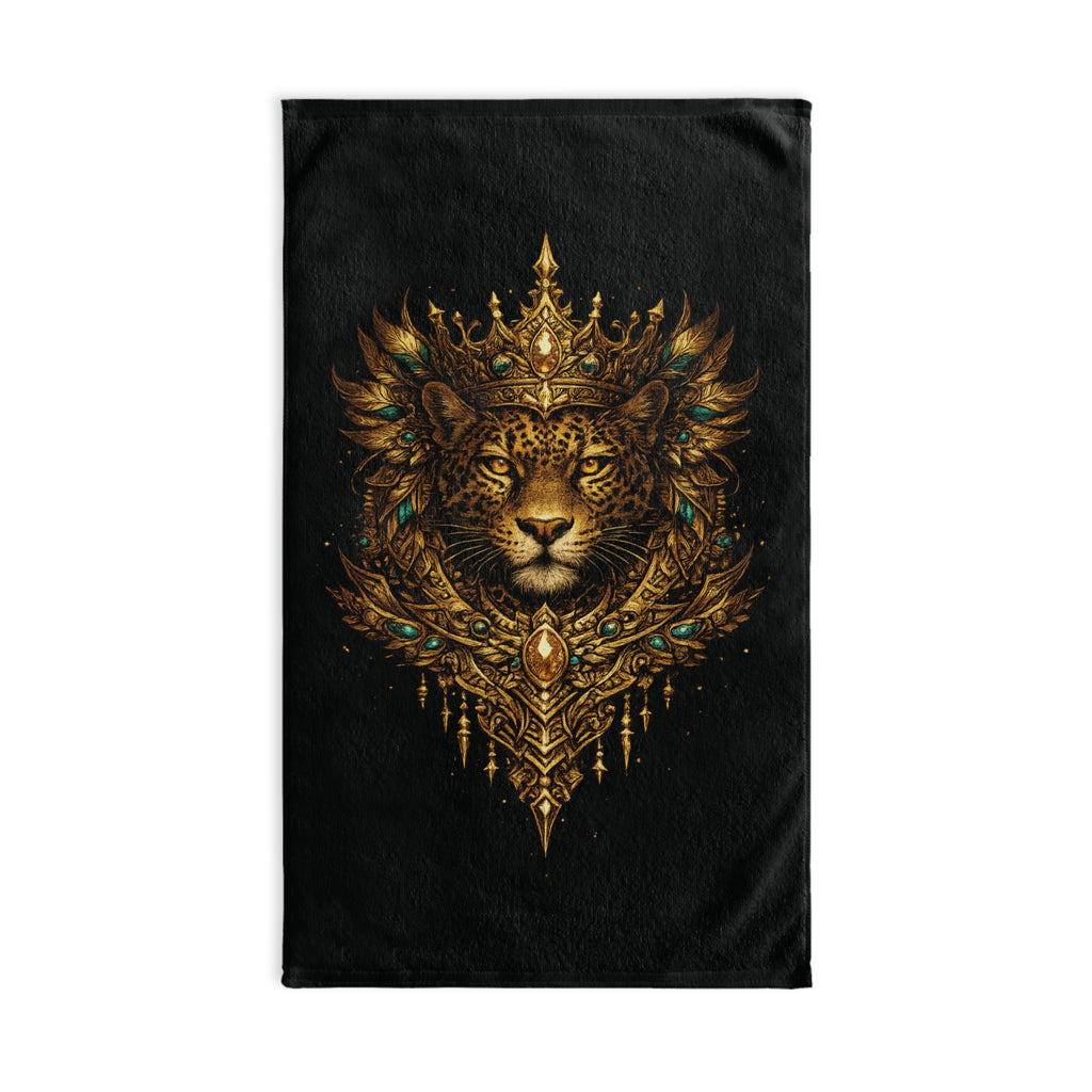 Regal Jaguar Hand Towel — Ornate Gold Lioness Crown Design