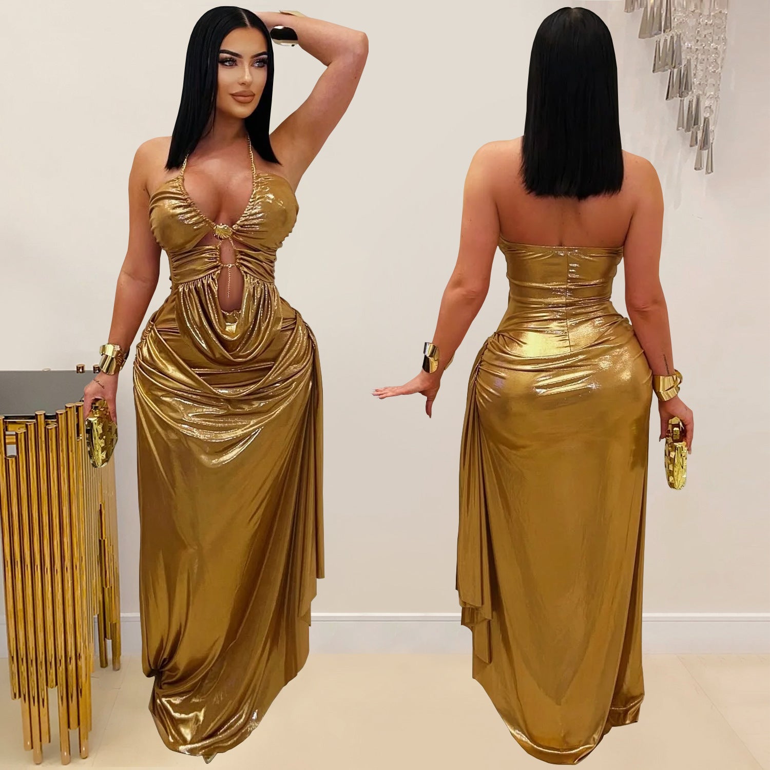 Fashionable Women's Sexy Halter Neck Gold Chain Pleated Sleeveless Dress