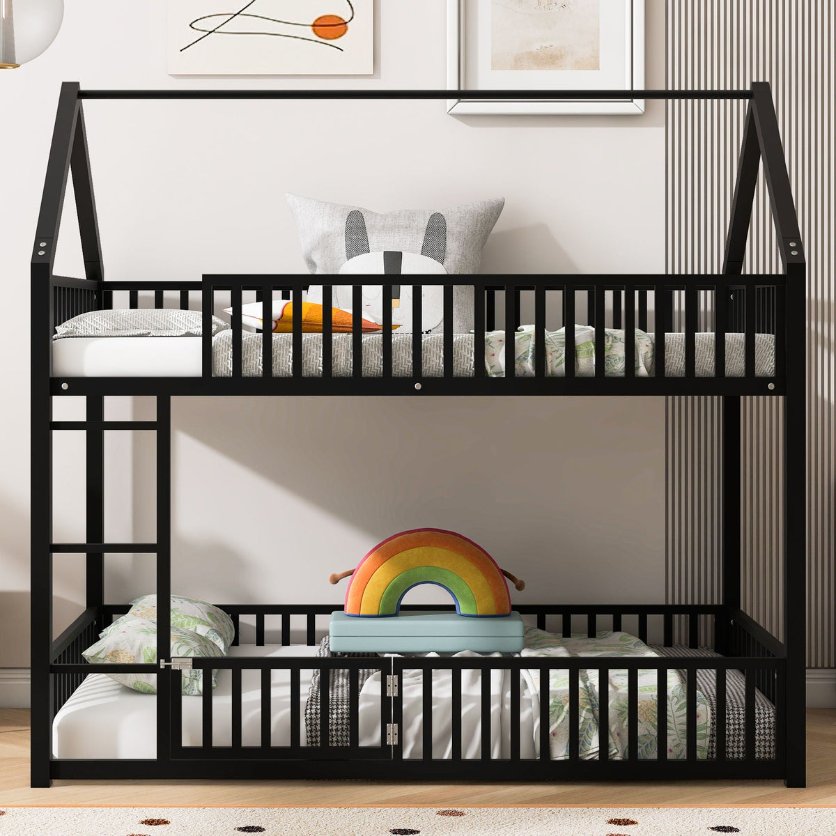 Metal House Bunk Bed with Fence and Door - Twin over Twin
