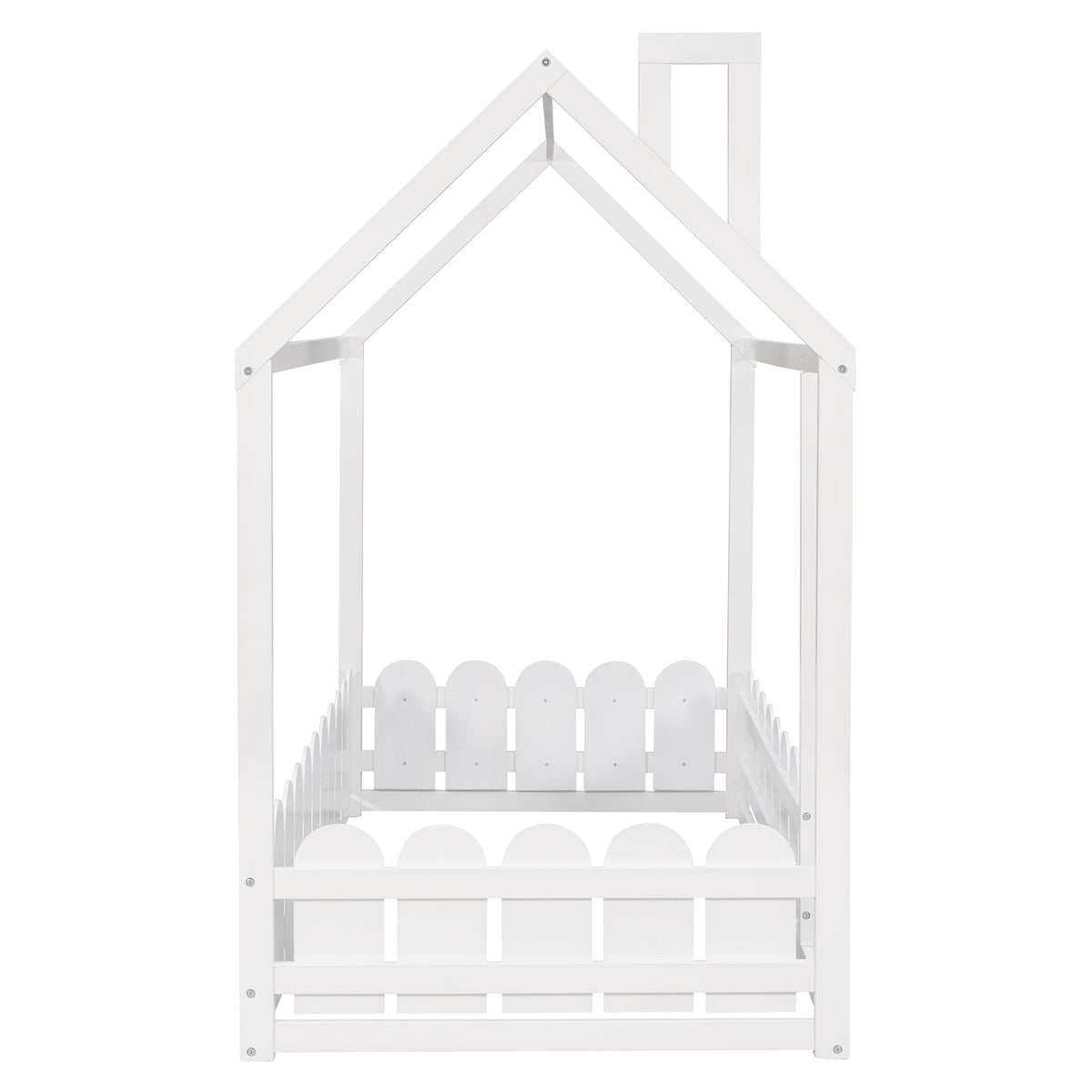 {Slats are not included}Twin Size Wood Bed House Bed Frame with Fence for KidsTeens Girls Boys {White}