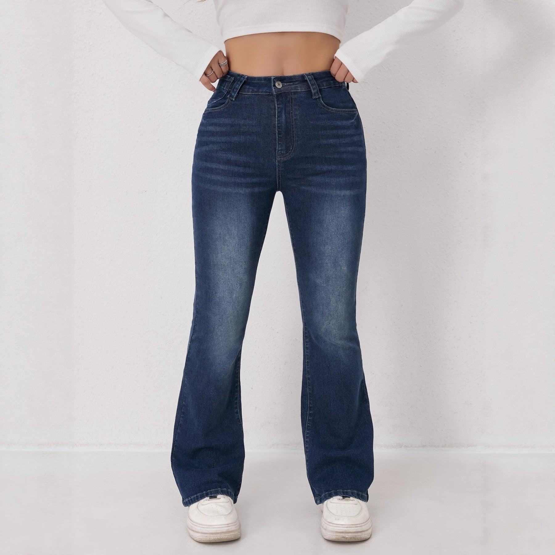 High-waisted elastic retro blue flared jeans women's jeans