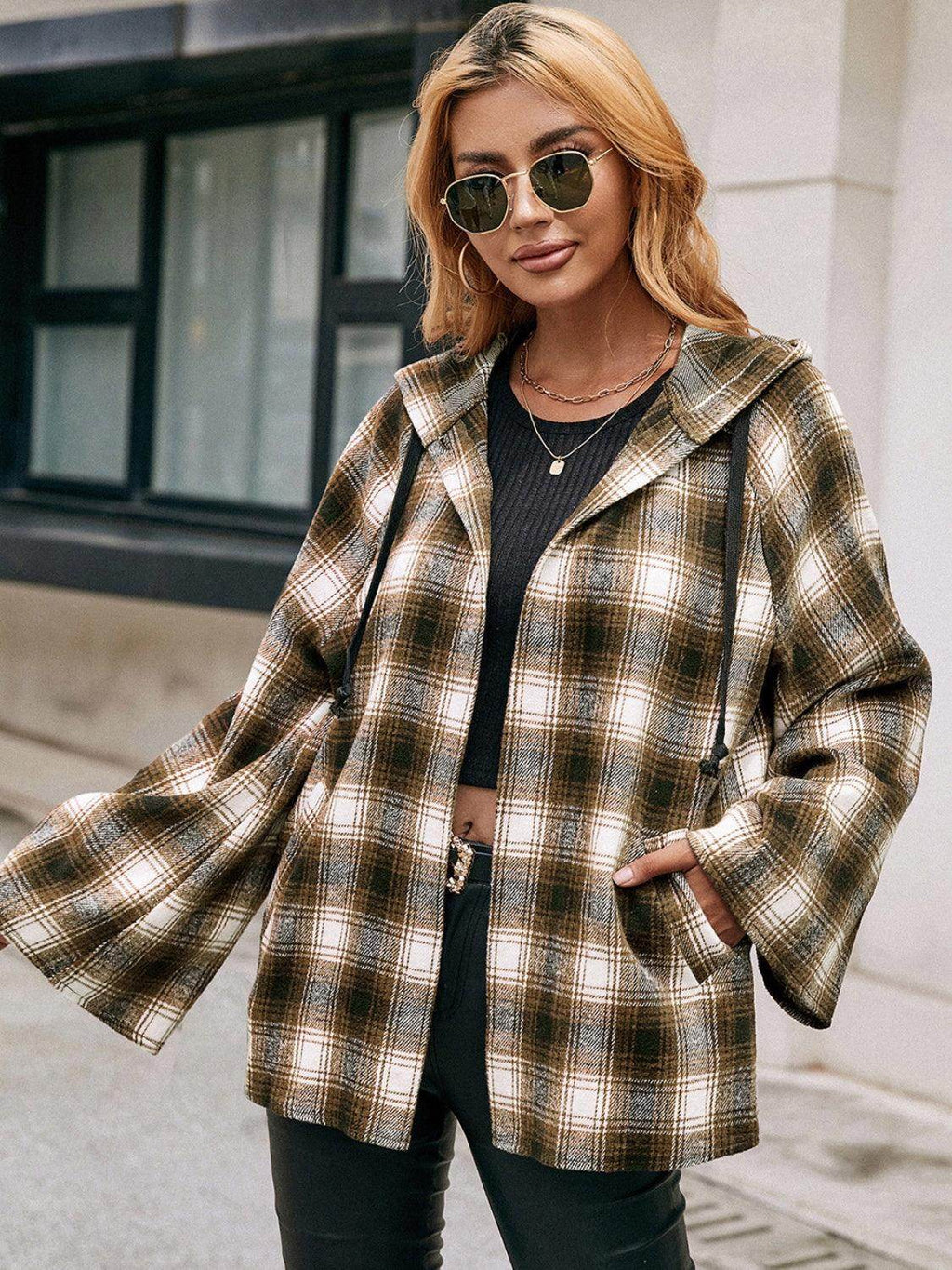 Ivy Lane Pocketed Plaid Long Sleeve Hooded Jacket for Women