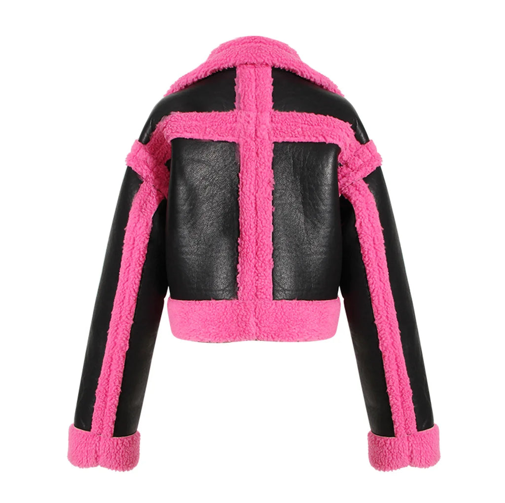 Women Fake Fur Coat Autumn Winter Color Matching Motorcycle One Piece Jacket Fashion All Matching Ladies Warm Tops New