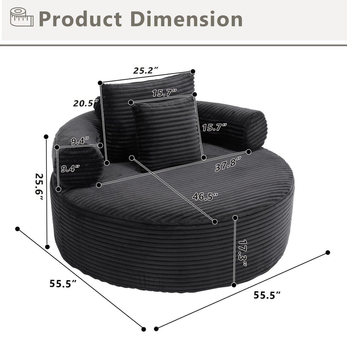 Round Sofa Bed with Memory Foam and 3 Pillows - Multiple Colors