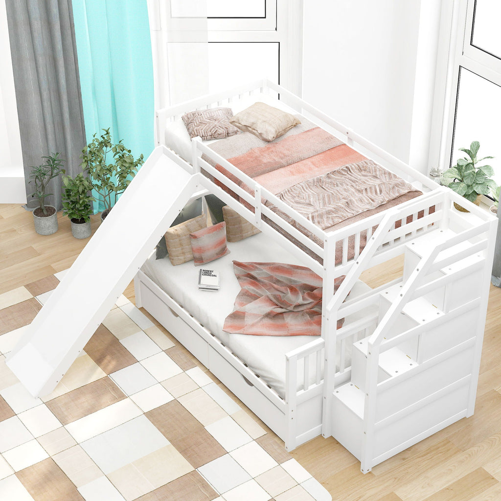 Bunk Bed with Storage Staircase, Slide & Desk - Twin or Full - Dark Gray or White