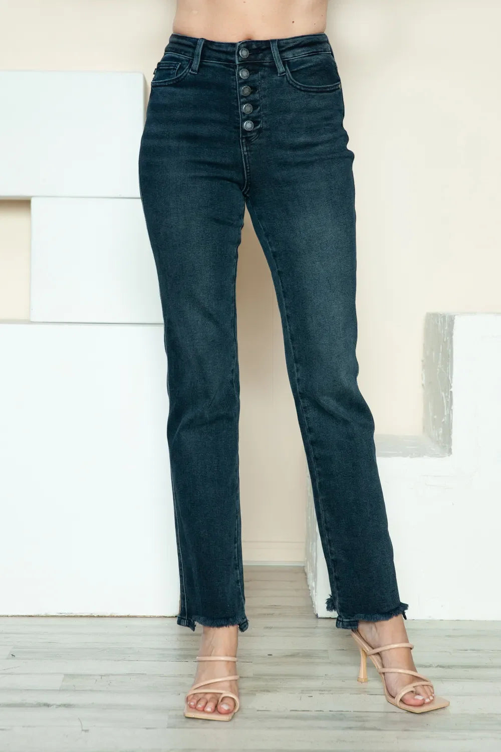 Judy Blue Full Size Button Fly Raw Hem Straight Jeans