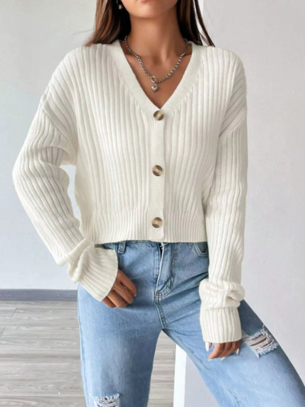 Ribbed Knit Button-Up Cropped Cardigan