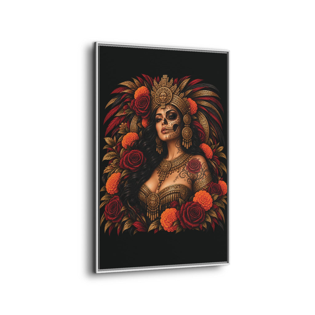 Reina Azteca: Entre Rosas y Cempasúchil | Framed Canvas Art