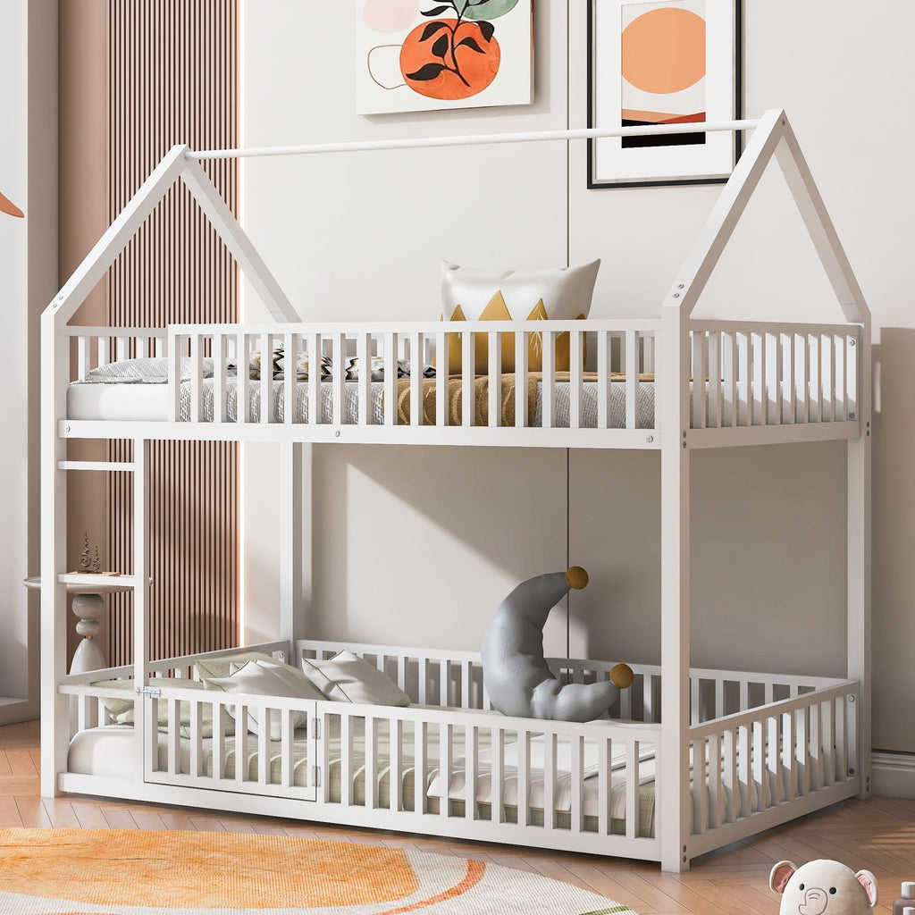 Metal House Bunk Bed with Fence and Door - Twin over Twin