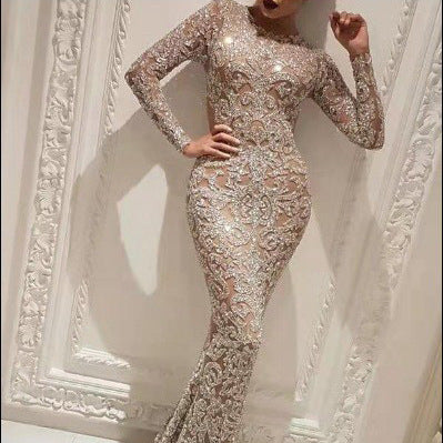 Gold Foil Print Long Sleeve Fitted Sexy Evening Dress for Women
