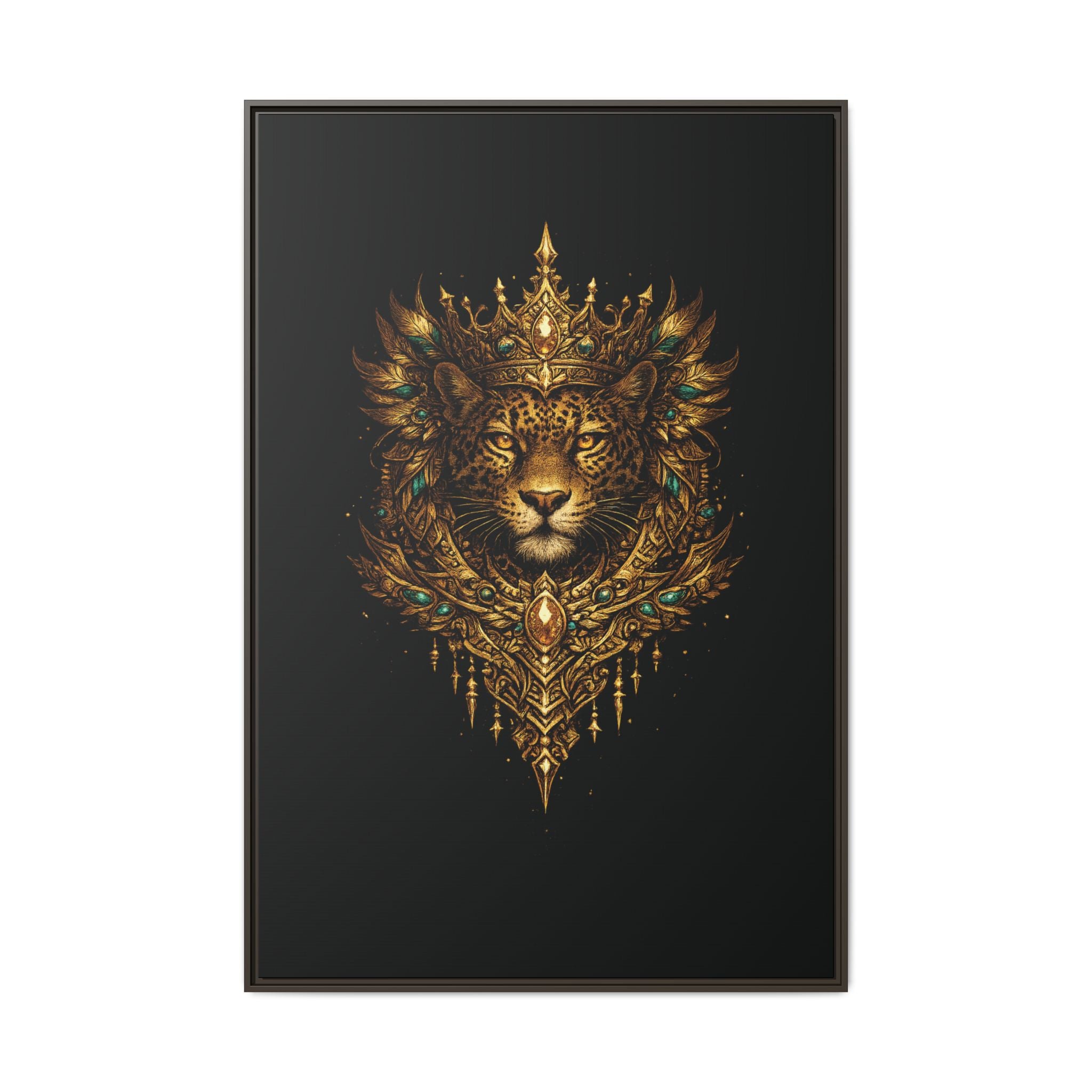 Golden Crowned Jaguar Canvas Art — Gold Crowned Lion Matte Framed Print