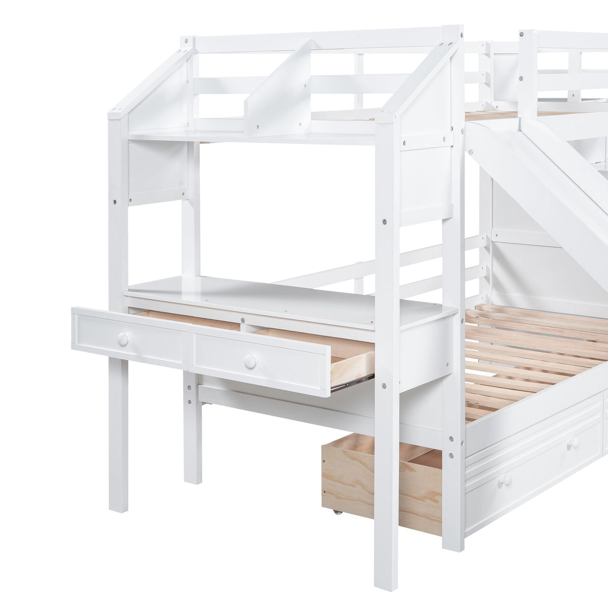 Bunk Bed with Storage Staircase, Slide & Desk - Twin or Full - Dark Gray or White