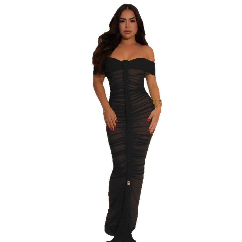 Sheer Mesh Ruched Maxi Dress