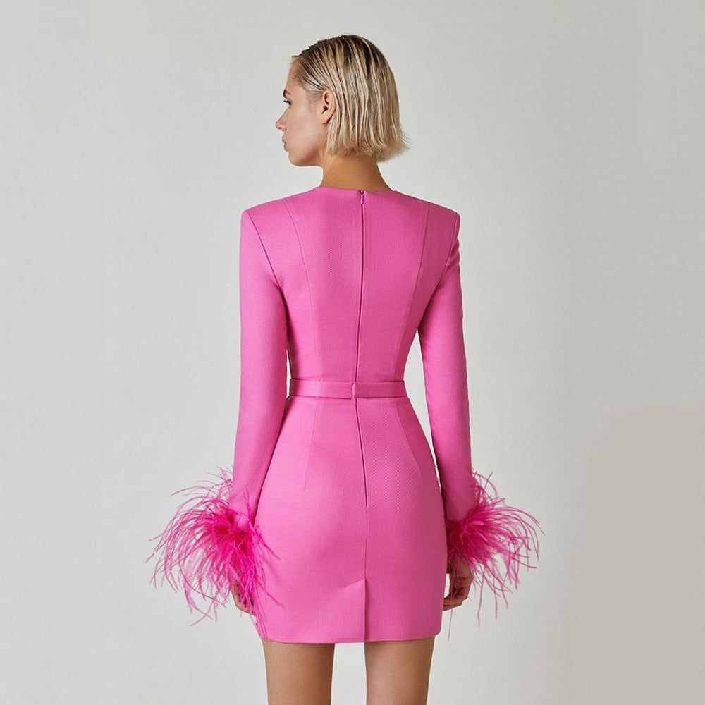 Women's Dress Spring New Style Bandage Dress Elegant Square Collar Feather Long Sleeve Celebrity Dress