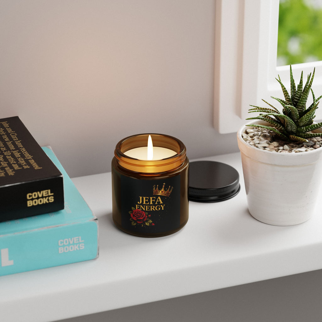 Jefa Energy Soy Candle — Amber Jar Scented Candle with Rose & Crown Design