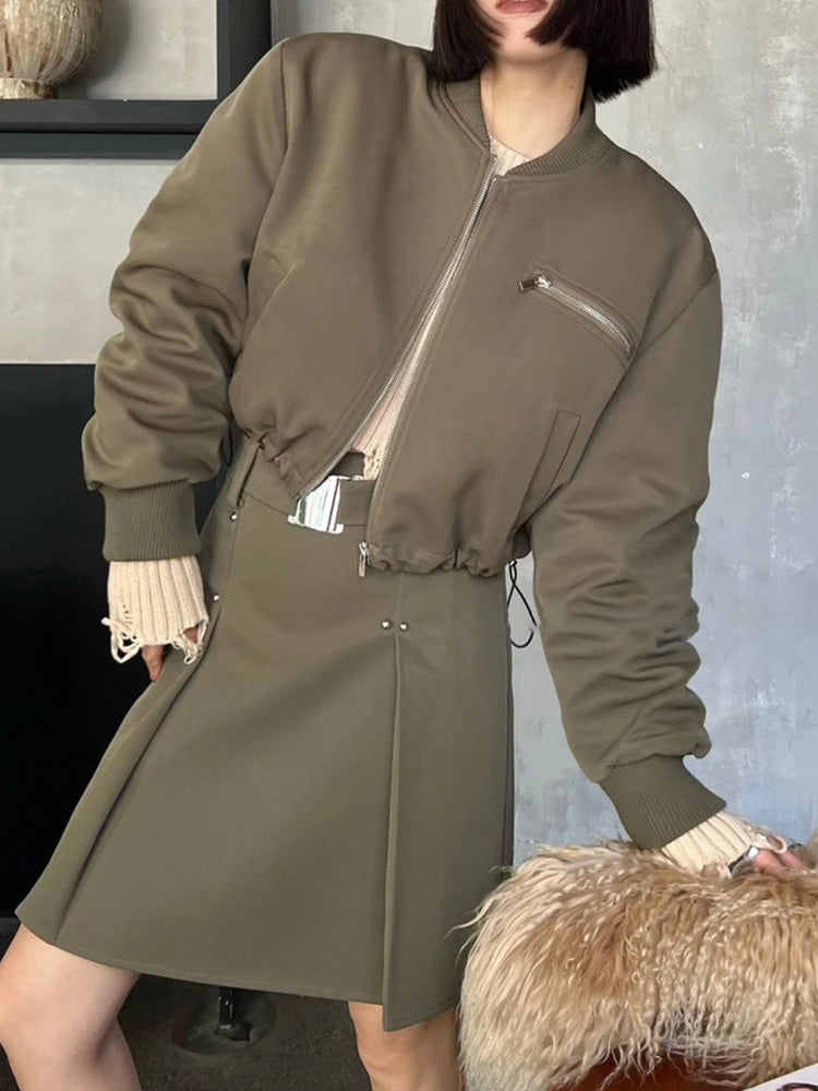 Fashion Women's Jackets Stand Collar Long Sleeves Zipper Shoulder Pad Short Slim Folds Coat Winter