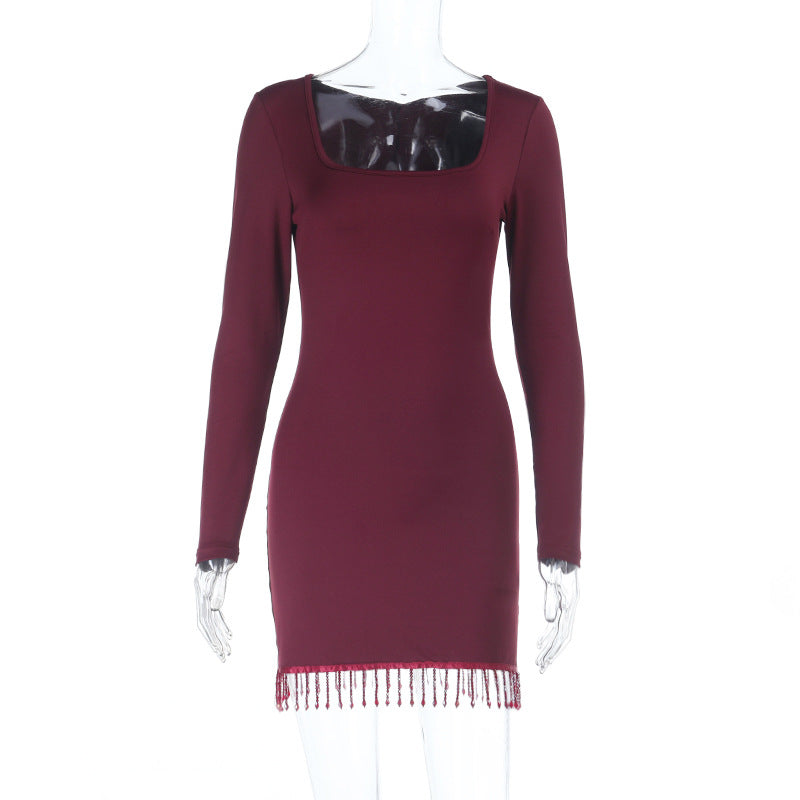 Women's Square Neck Long Sleeve Tassel Pencil Skirt Dress