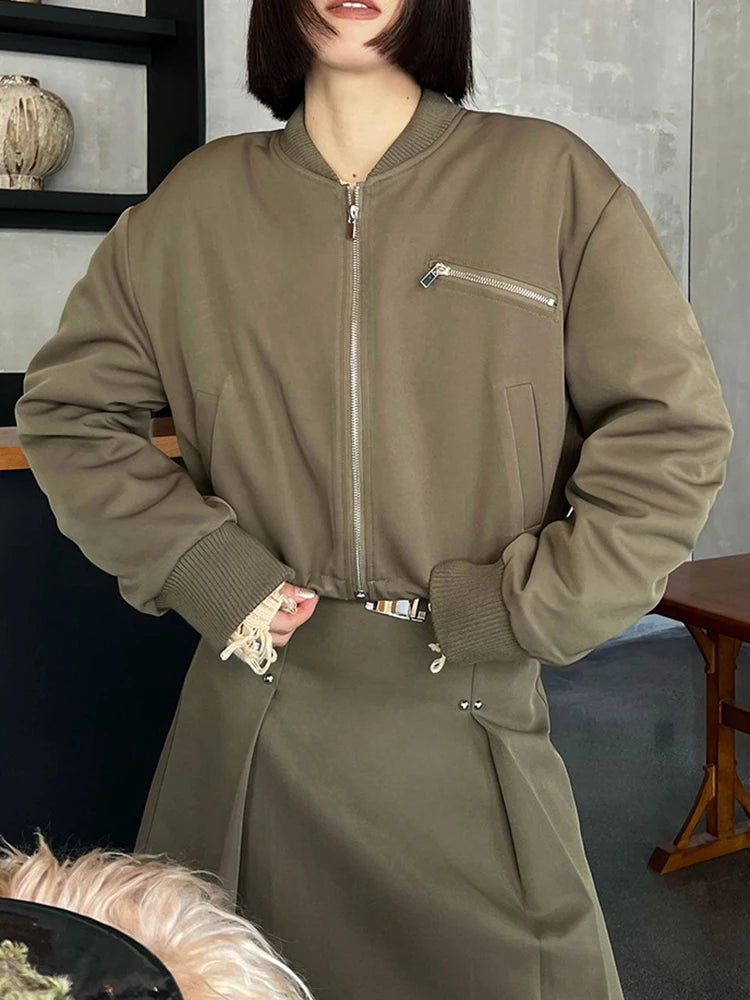 Fashion Women's Jackets Stand Collar Long Sleeves Zipper Shoulder Pad Short Slim Folds Coat Winter
