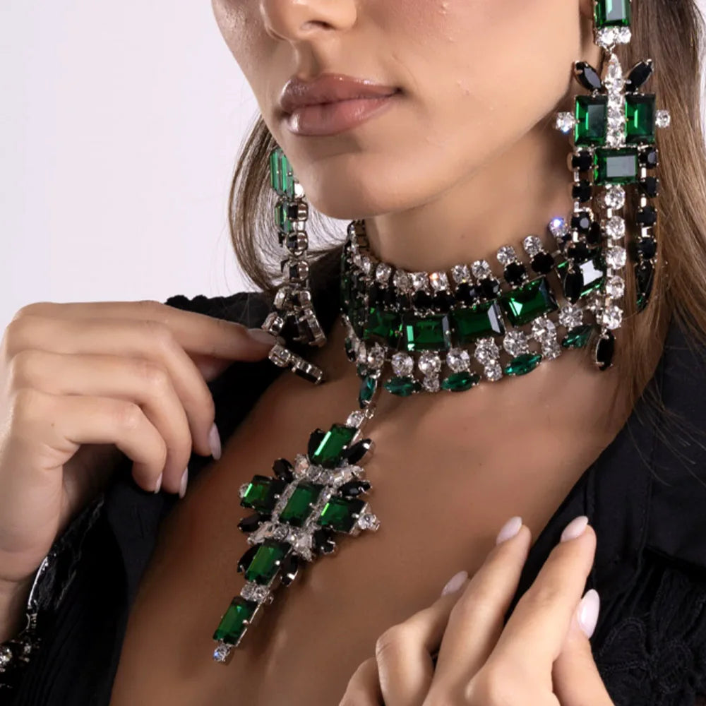 Rhinestone Cross Statement Necklace Set