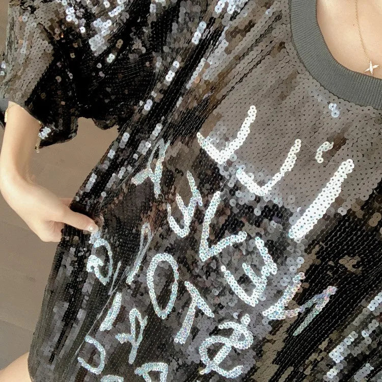 Spring Sequin Short Sleeve Letter Women's Clothing Tops Bling Tops Summer Solid Color Night Club Sexy Female T-Shirts