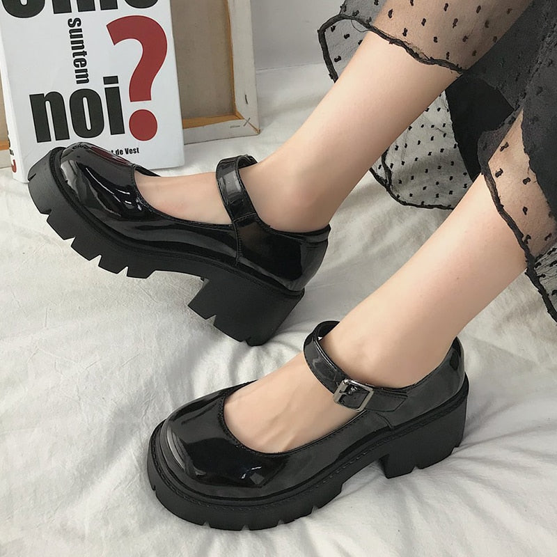 Rimocy Black Patent Platform Mary Jane Heels