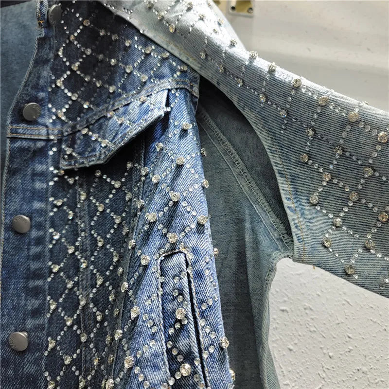 Women Hot Drilling Diamond Beads Retro Washed Denim Jacket Contrast Color Patchwork Rhinestone Jeans Coat Fake Two Piece Outwear
