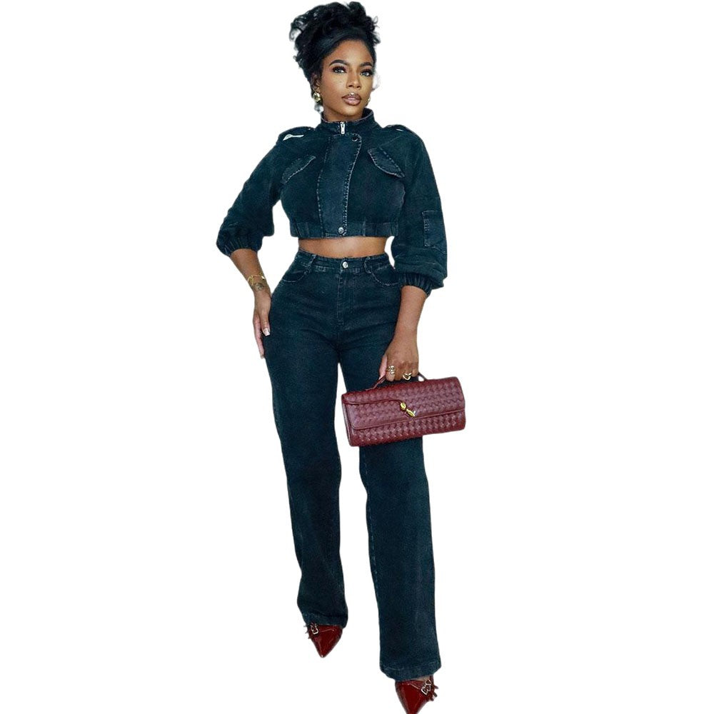 Black Cropped Denim Jacket & High-Waist Pants Set