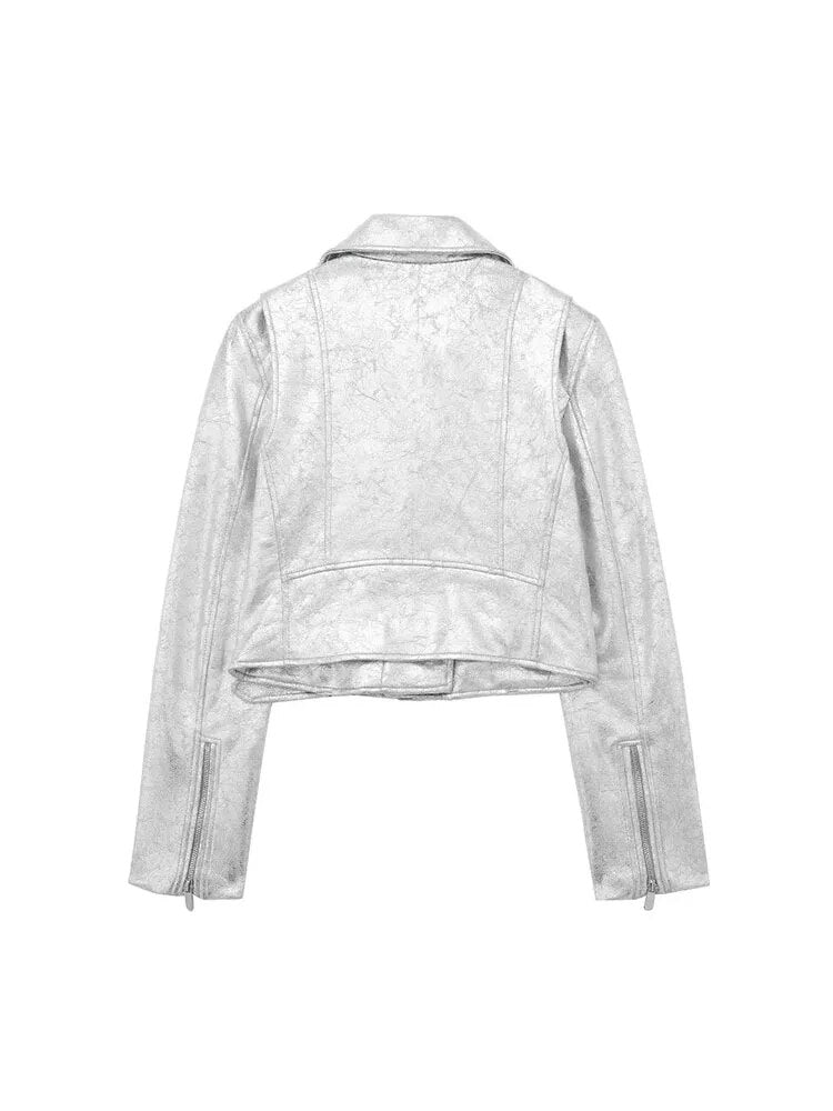 Silver Cropped Faux Leather Bomber Jacket