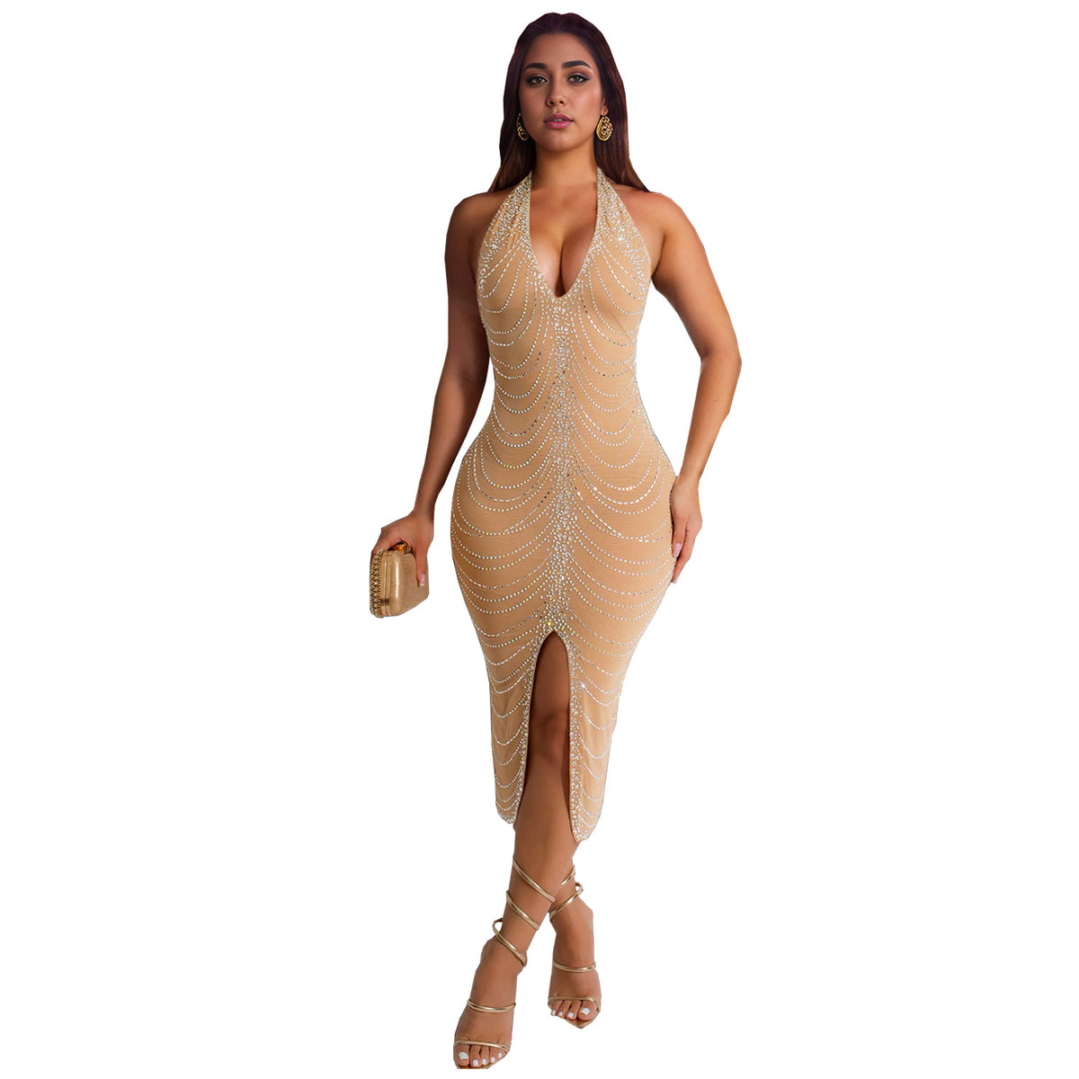 Fashion Women's Rhinestone Embellished Fitted Sexy Bodycon Long Dress