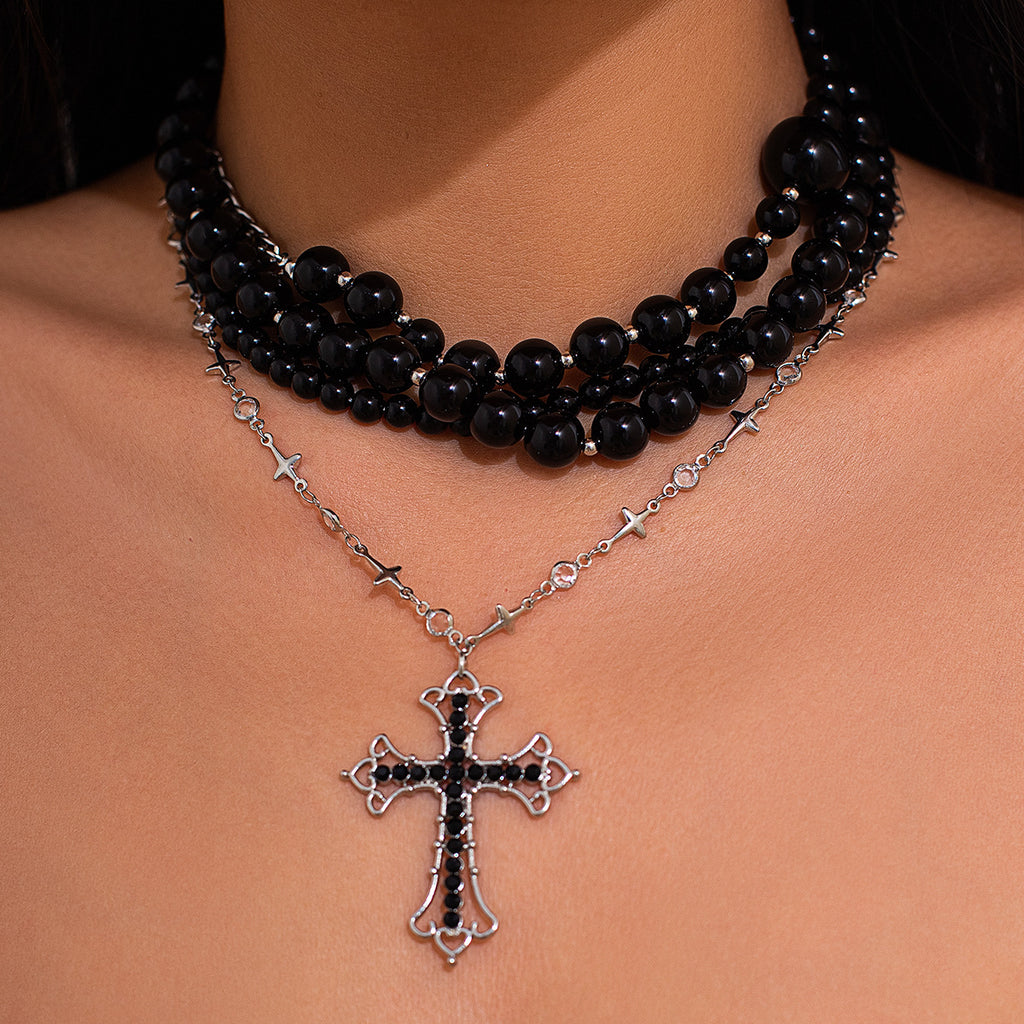 Acrylic Bead Cross Pendant Statement Necklace