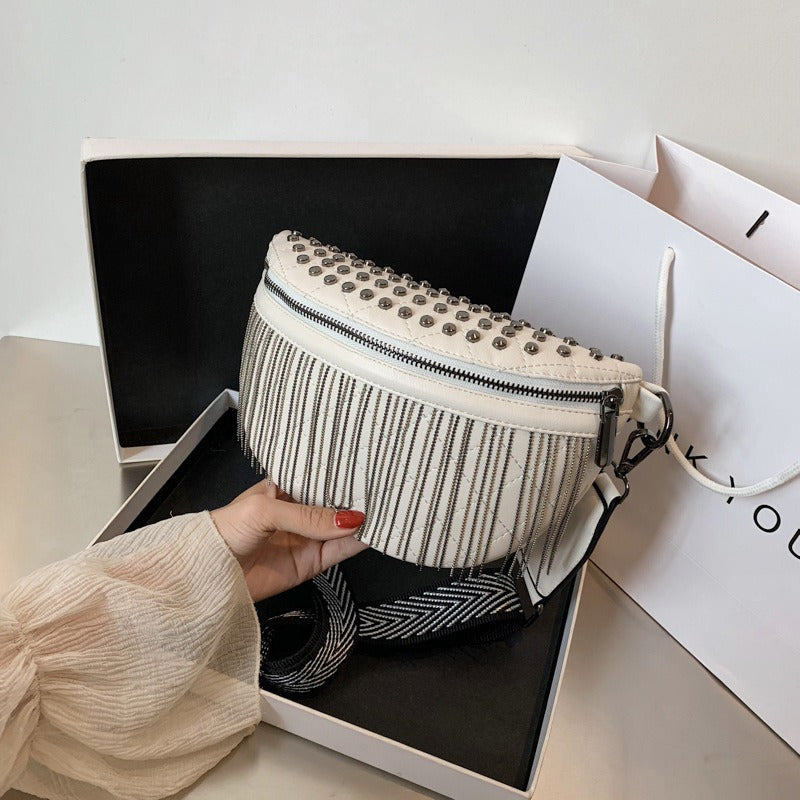 New Cross Body Rivet Casual Shoulder Bag Fashion Korean Wide Shoulder Strap Chest Bag Tassel Women's Bag