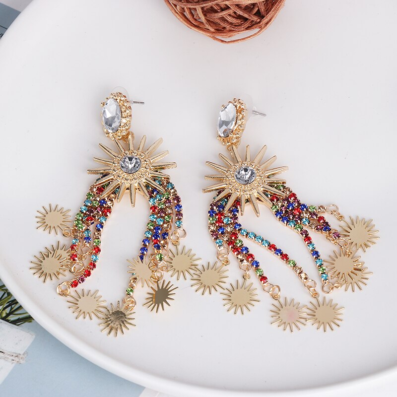 Vintage Ethnic Big Crystal Earring Long Drop Tassel Earrings For Women Wedding Statement Fashion Jewelry Female