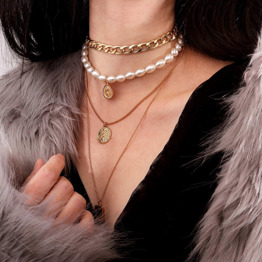 Layered Pearl & Crystal Coin Statement Choker