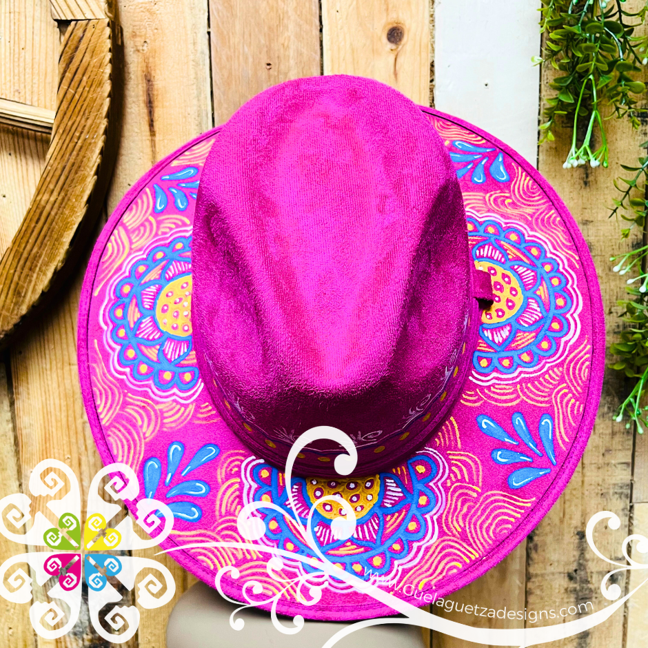 Fuchsia Indiana Mitla Velvet Hat - Hand Painted Hat